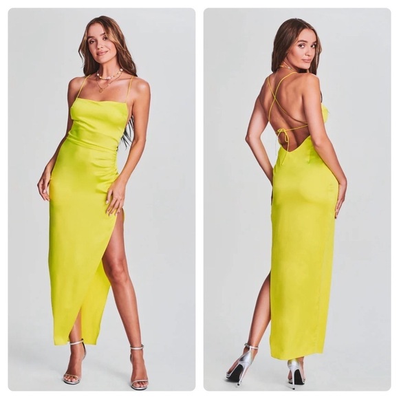 NEW! SER.O.YA Celino Silk Dress in Neon Lime Green ✨ Yellow Maxi Midi Small NWT Maxi